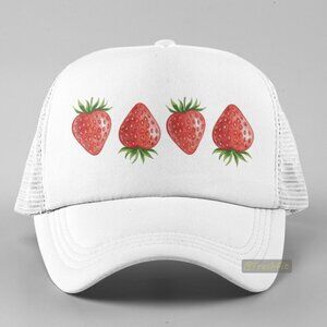 🆕Strawberries White Foam Trucker Hat Mesh Snapback Cap